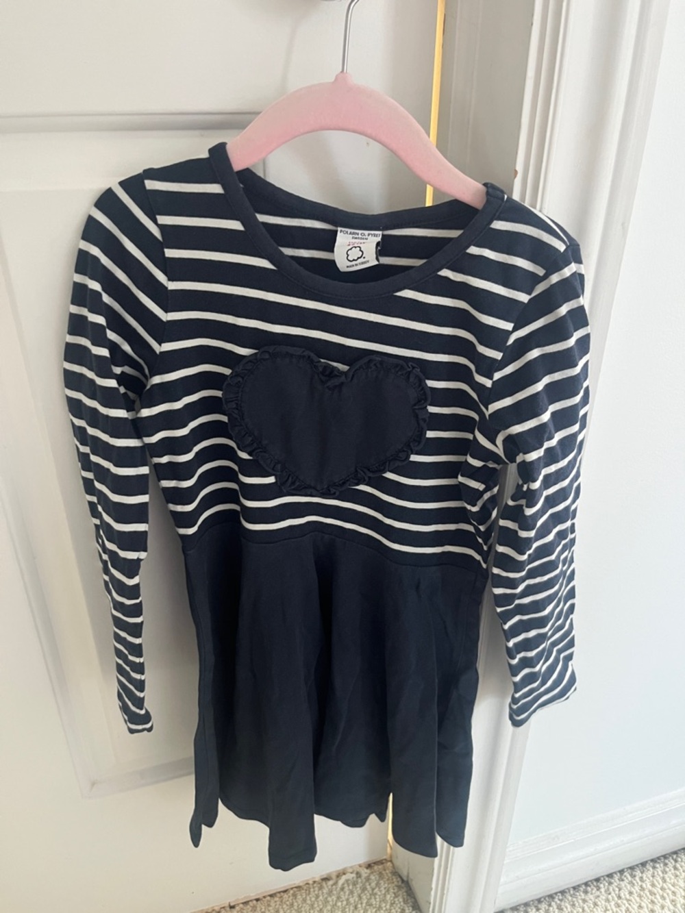 Polarn O. Pyret Navy and White Striped Heart Long-Sleeve Dress